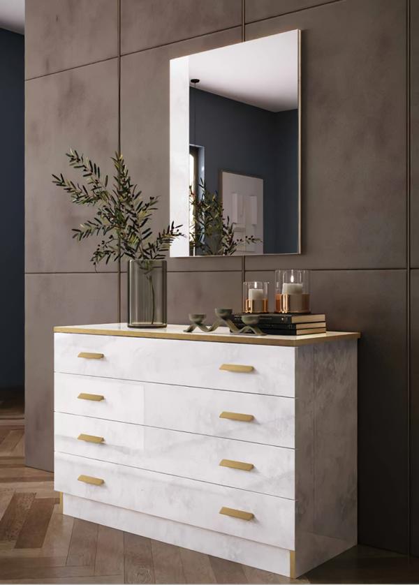 Sideboard Kommode mit Spiegel Beige Gold Holz Schlafzimmer Wohnzimmer