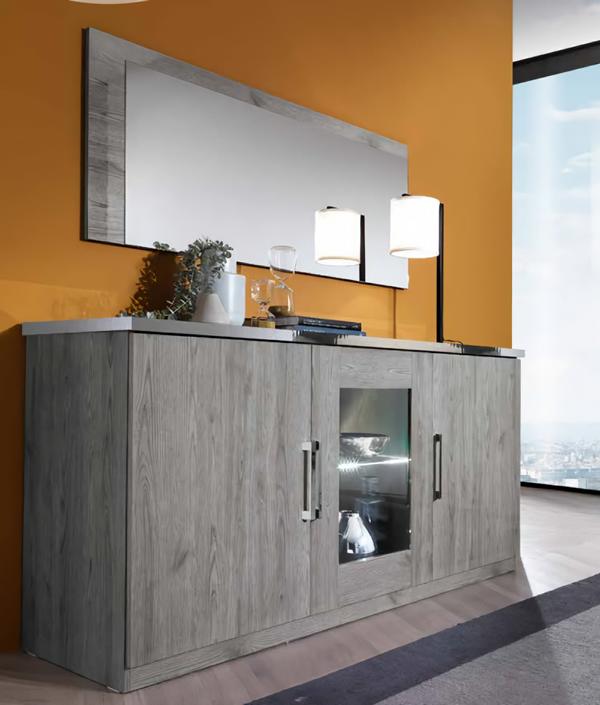 Spiegel Sideboard Mit LED Beleuchtung Glasfront Grau Holz Wohnzimmer