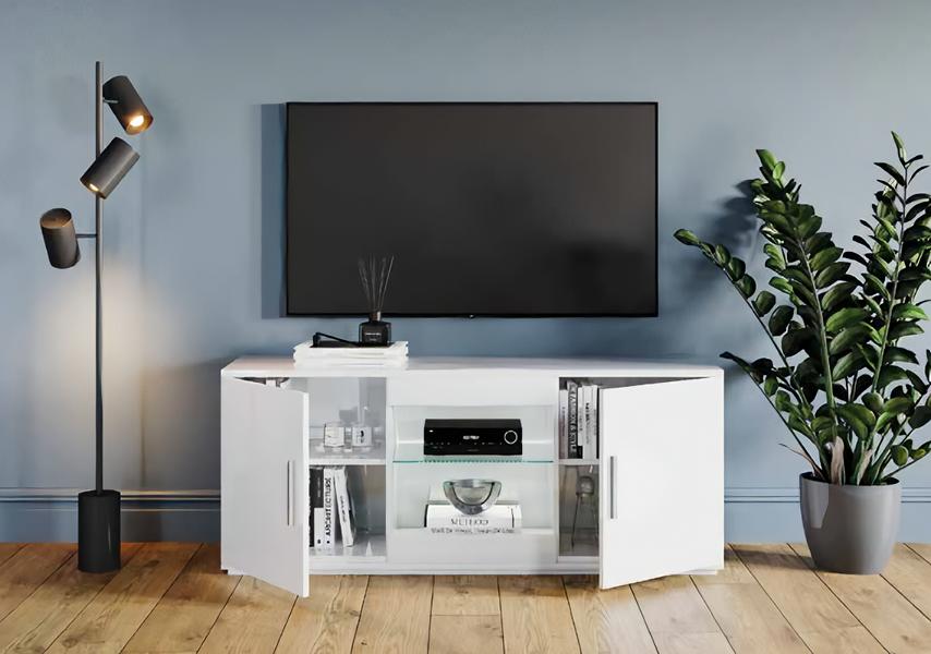 TV Ständer mit LED Beleuchtet Fernsehschrank Sideboard Weiß Holz Glas