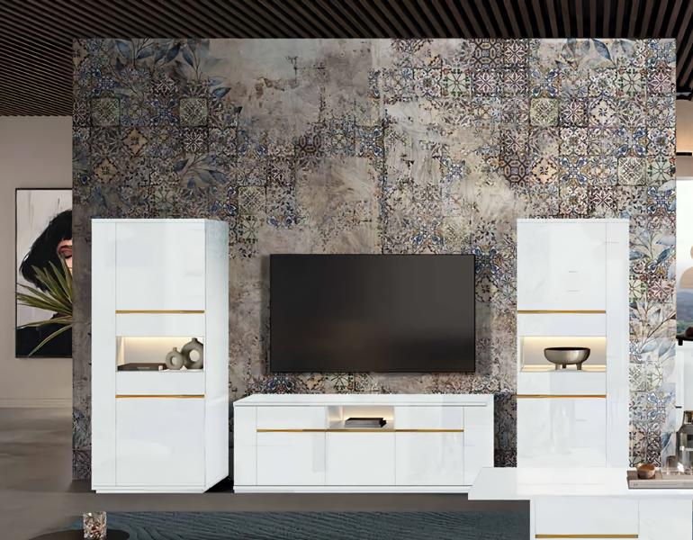 Wohnzimmer Set mit LED Beleuchtung TV-Ständer Schrank Weiß Gold Holz