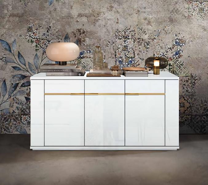 Kommode Weiß Gold Hochglanz Wohnzimmer Aufbewahrungsschrank Holzmöbel