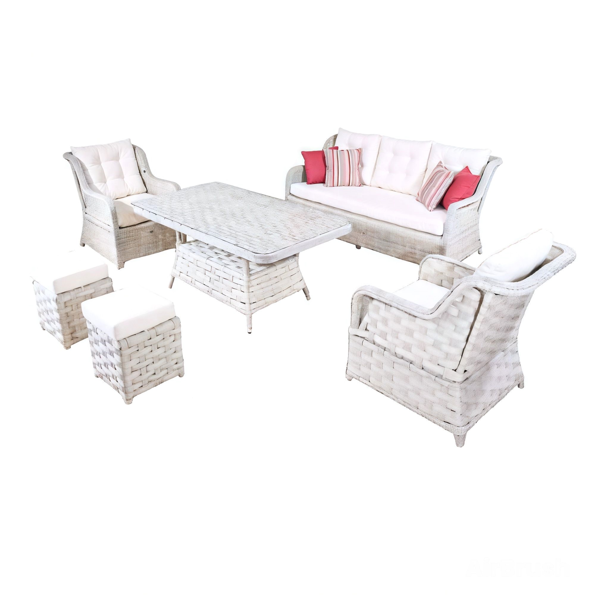 Sofagarnitur Gartenmöbel Esstisch Hocker Sessel Rattan Weiß Sitzgruppe 6tlg.