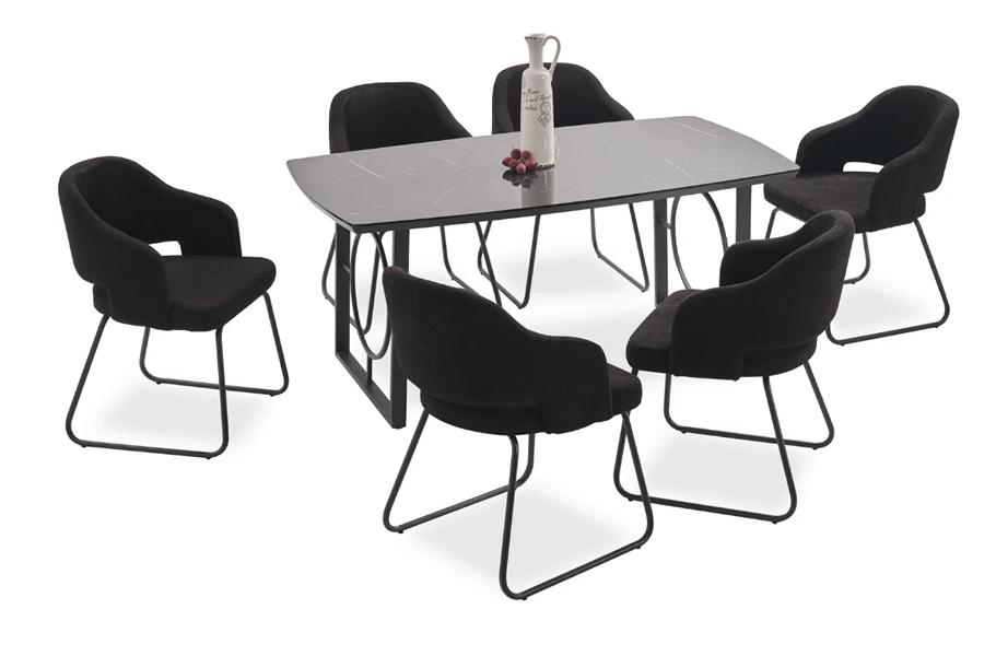Esszimmer Set Schwarz Holzarbeitsplatte Tisch gepolsterte Stühle Sitz