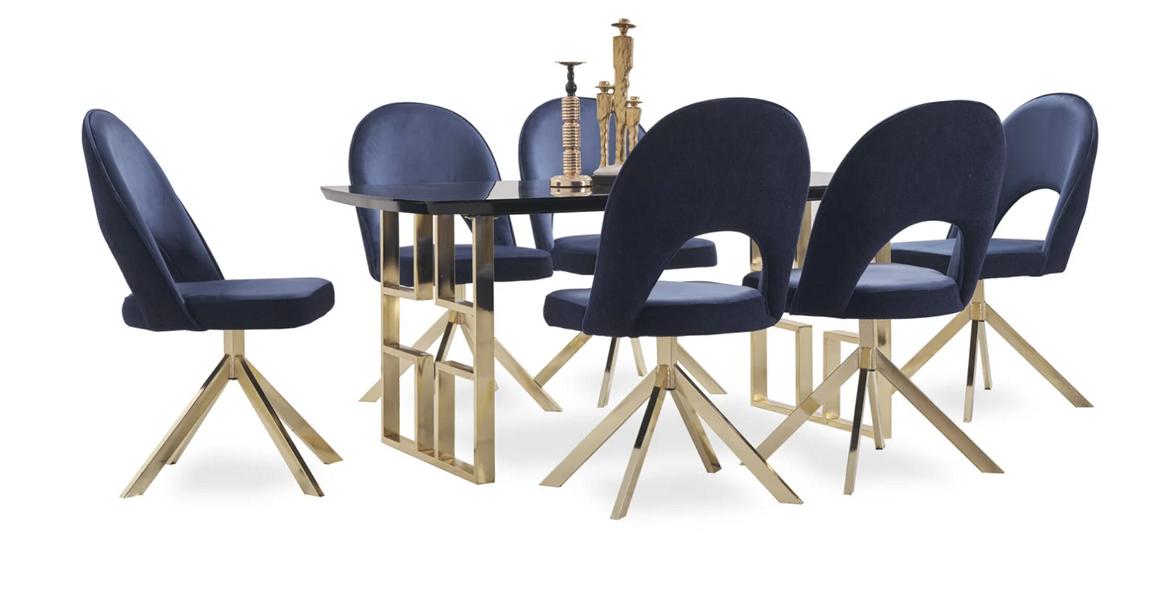 Designer Esszimmer Set Holztischplatte Edelstahlfüße Tisch Stühle 7tlg