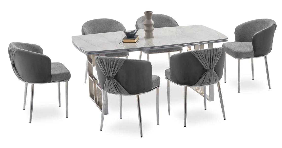 Modernes Esszimmer Set Grau Silber rechteckiger Tisch komfortable Stühle