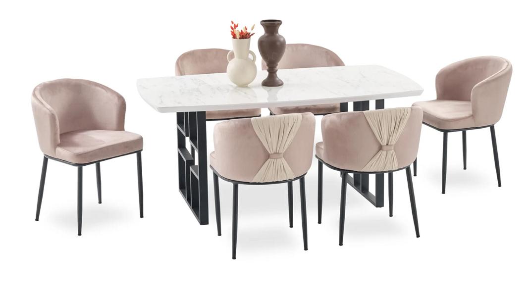 Modernes Esszimmer Set Rosa Schwarz gepolsterte Stühle rechteckiger Tisch