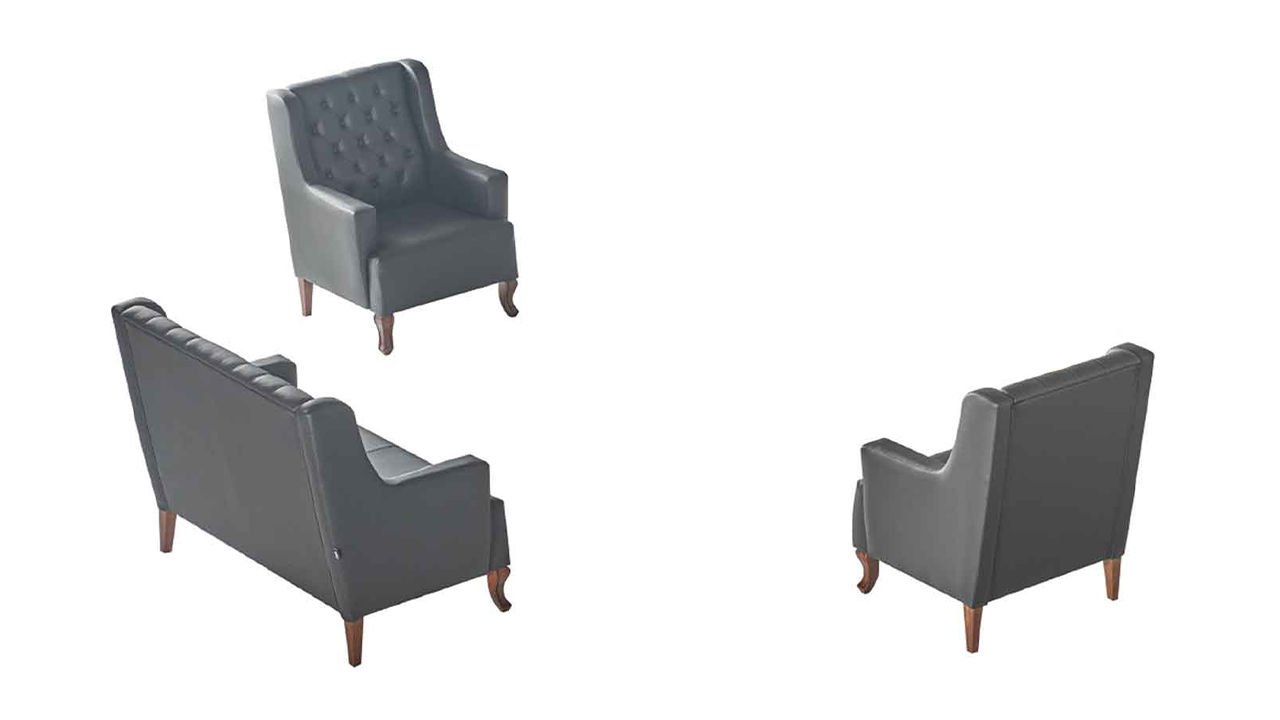 Sofa-Set Chesterfield 3-Sitzer Sessel Schwarz Leder Holz Klassisch Couch