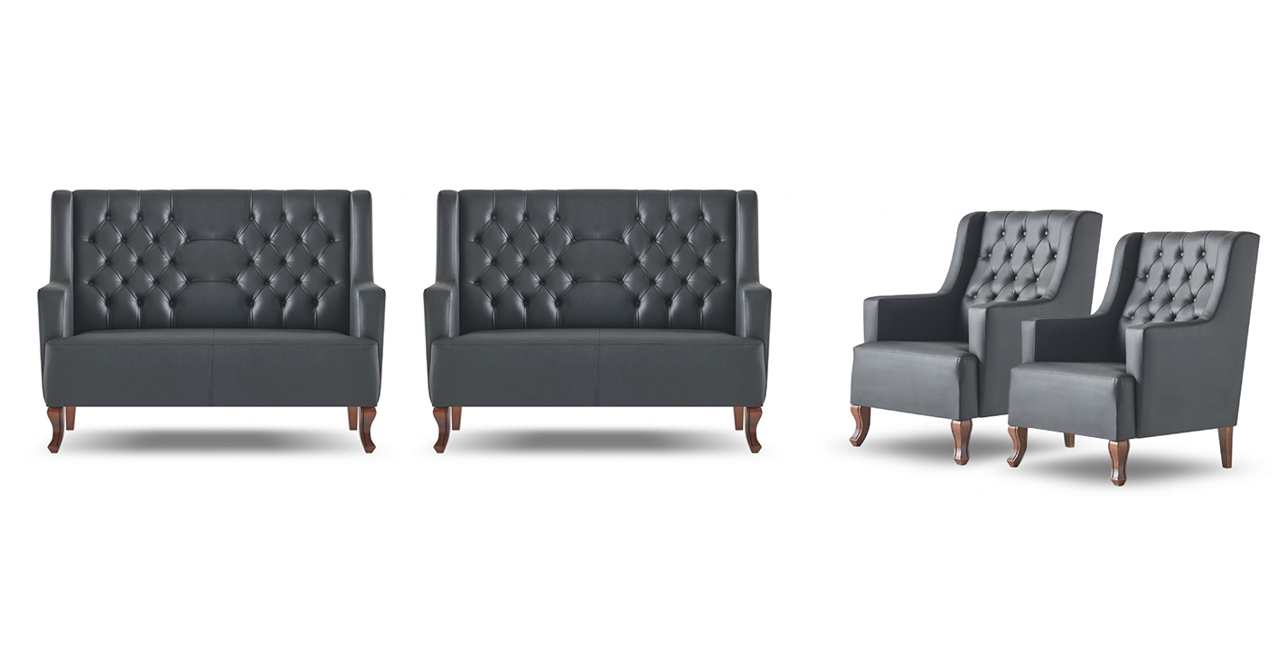 Komplett Chesterfield Sofa-Set Schwarz 2-Sitzer Sessel Leder Sitzmöbel
