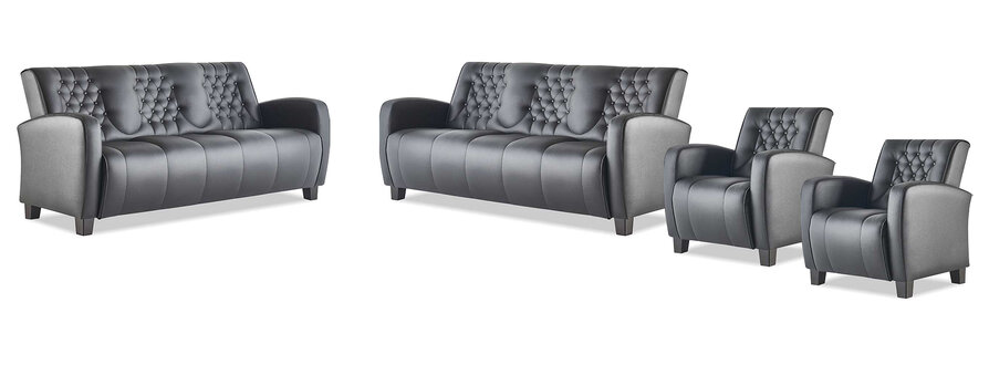 Chesterfield Sofa-Set 3-Sitzer Sessel Schwarz Lehnsessel Couch Leder Holz