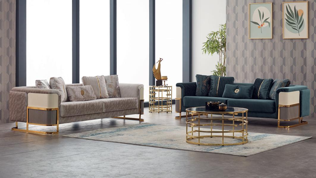 Sofagarnitur Sofas Couchen Polstersofa Dreisitzer Luxus Beige Stoff