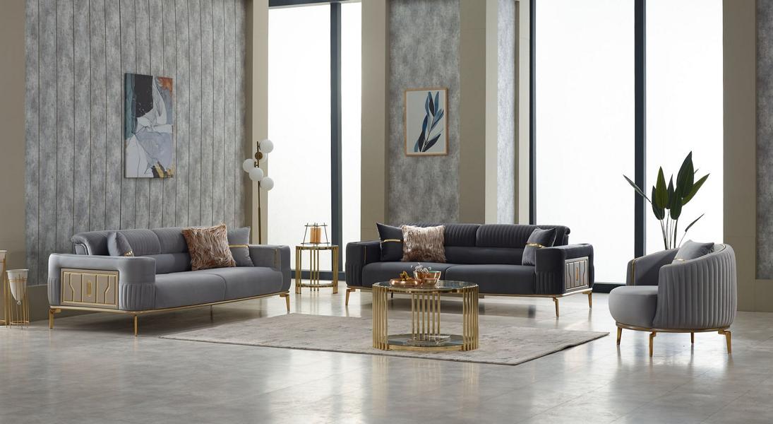 Couchgarnitur Sofa Polstersofa Dreisitzer Stoffsofa Grau Sessel 3tlg