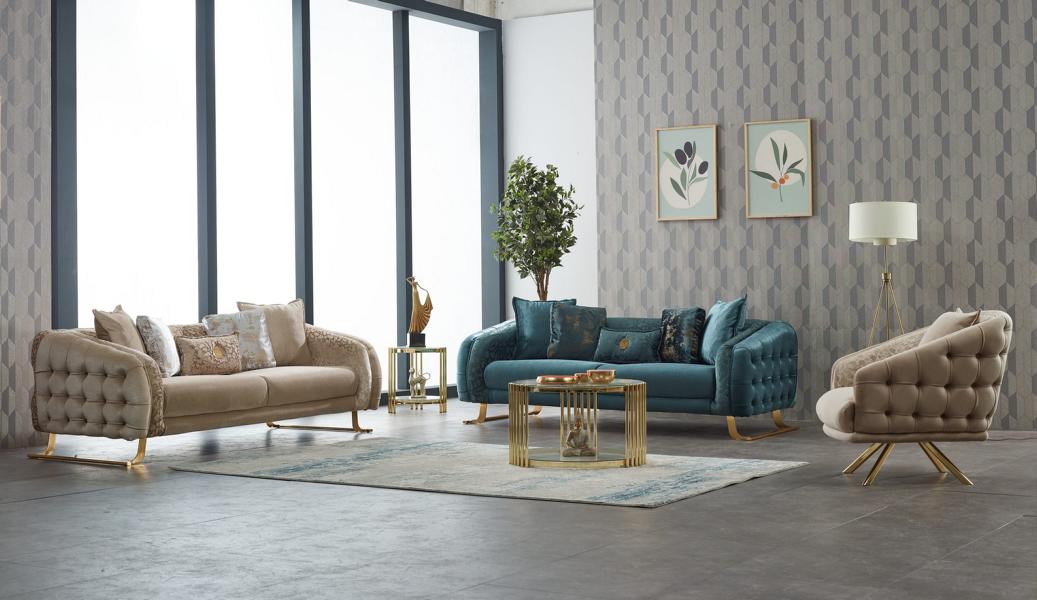 Sofagarnitur Dreisitzer Sessel Couch Stoff 3tlg Polstersofa Beige Set