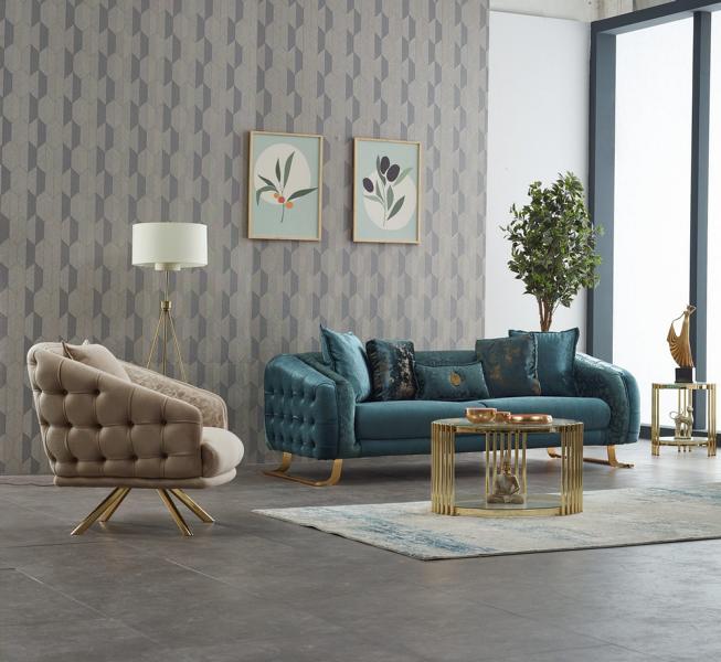 Komplette Couchgarnitur Polstersofa Dreisitzer Stoffsofa Blau Sessel