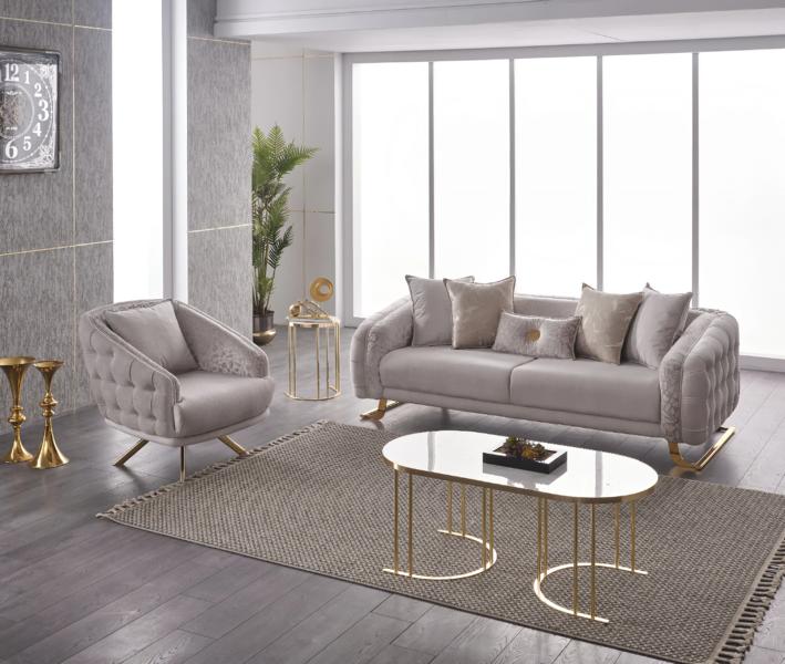 Garnitur Dreisitzer Sessel Couch Stoff 2tlg Polstersofa Sofa Grau Set