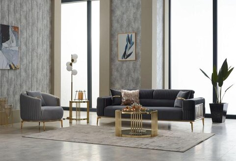 Komplette Couchgarnitur Polstersofa Dreisitzer Stoffsofa Grau Sessel