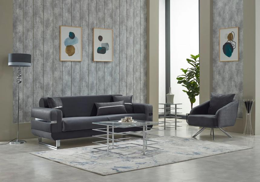Garnitur Dreisitzer Sofa Stoffsofa Polstersofa Grau Sessel 2tlg Couch