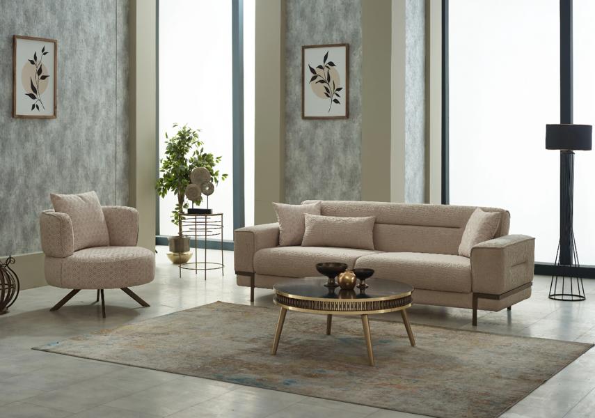Sofagarnitur Dreisitzer Sofa Stoffsofa Polstersofa Beige Sessel 2tlg
