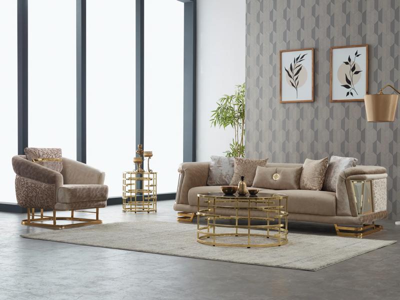 Komplette Couchgarnitur Polstersofa Dreisitzer Stoffsofa Sessel Beige