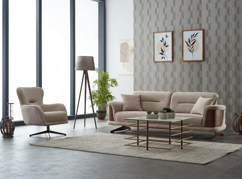 Polstersofa Couchgarnitur Dreisitzer Sessel Beige Couch Stoffsofa 2tlg