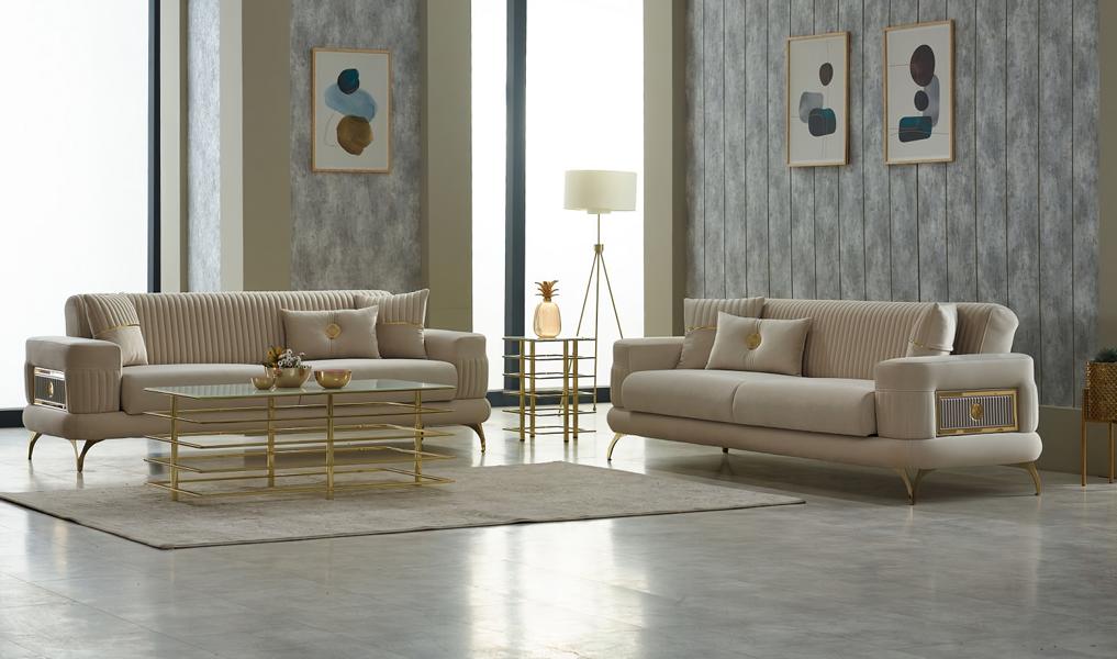 Luxus Sofagarnitur Dreisitzer Sofa Stoffsofa Polstersofa Beige 2tlg