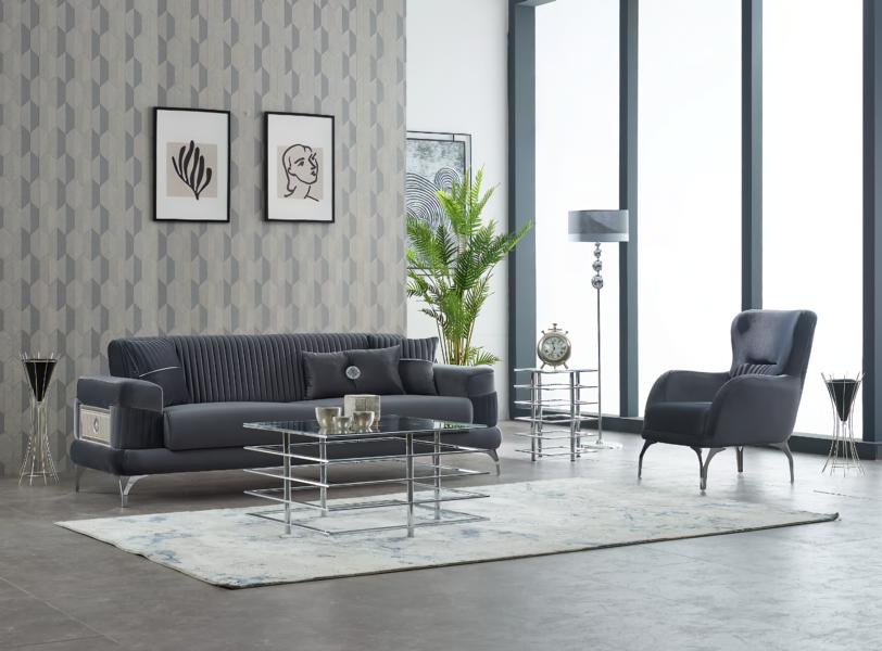 Couchgarnitur Polstersofa Dreisitzer Stoff Grau Set 2tlg Couch Sessel