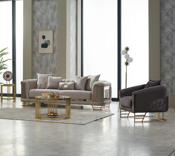Polstersofa Couchgarnitur Dreisitzer Sessel Beige Couch Stoffsofa 2tlg