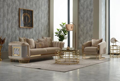 Polstersofa Couchgarnitur Dreisitzer Sessel Beige Couch Stoffsofa 2tlg