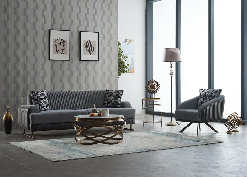 Komplette Polstersofa Sessel Dreisitzer Stoffsofa Grau Sofa 2tlg Set