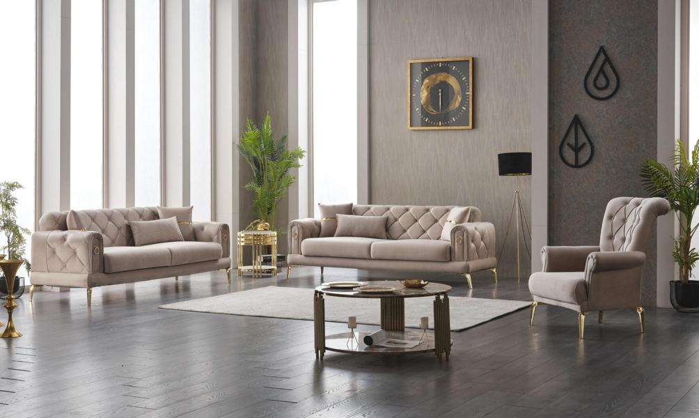 Sofagarnitur Dreisitzer Sofa Stoffsofa Polstersofa Beige Sessel 3tlg