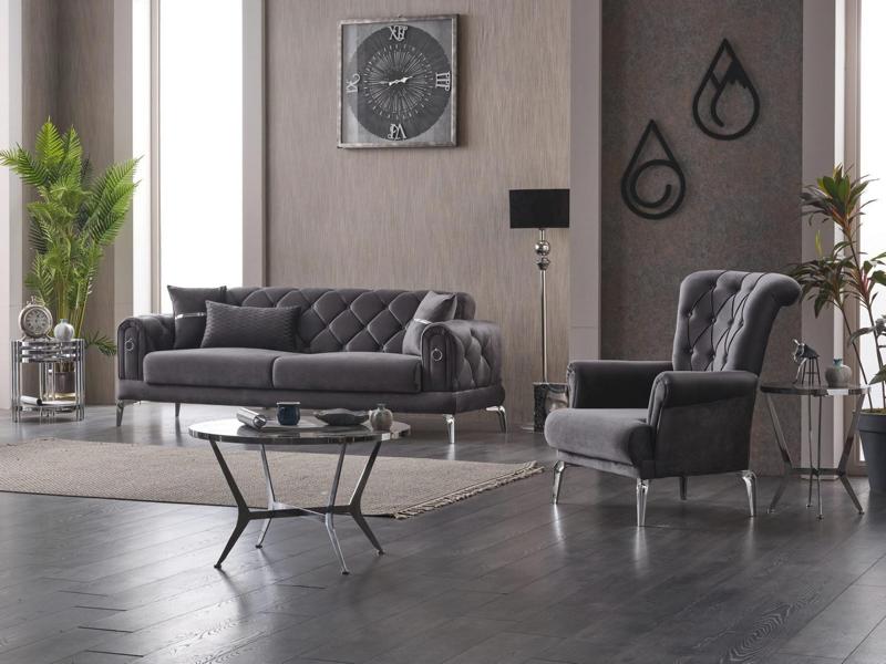 Couchgarnitur Sofa Polstersofa Dreisitzer Stoffsofa Grau Sessel 2tlg