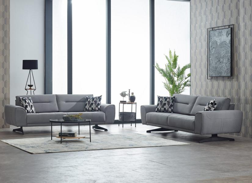 Komplette Couchgarnitur Polstersofa Dreisitzer Stoff Grau Sofa 2tlg