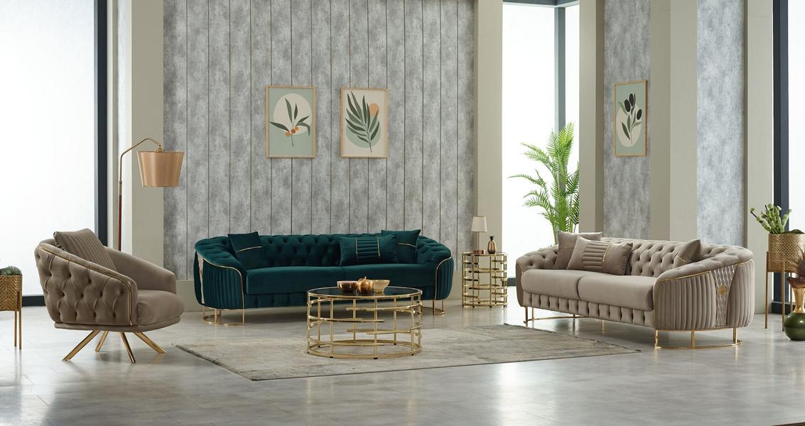 Komplette Couchgarnitur Polstersofa Dreisitzer Sessel Beige Stoff 3tlg