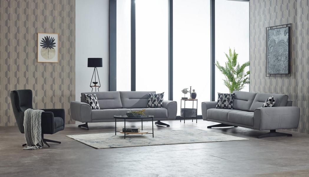 Garnitur Dreisitzer Sessel Couch Stoff 3tlg Polstersofa Sofa Grau Set
