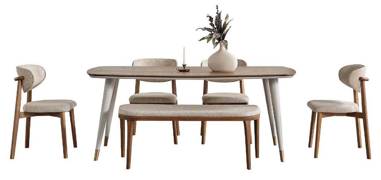 Glänzend 6tlg. Esszimmergarnitur Elegant Esstisch Beige 4x Stühle Hocker