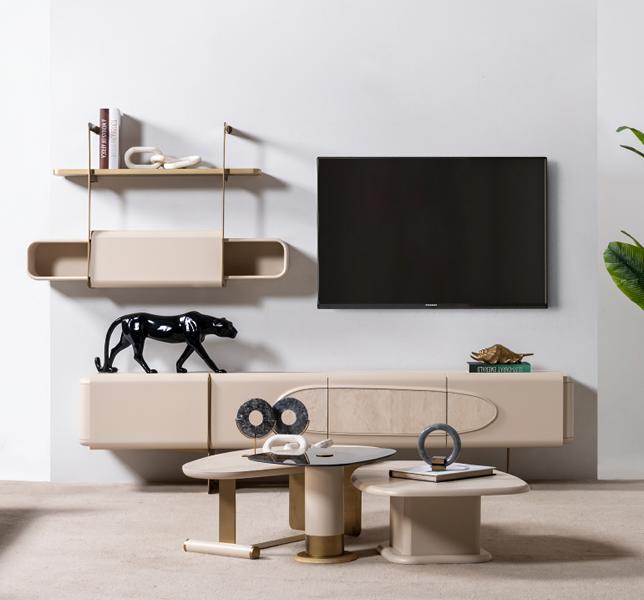 Modern TV-Unit mit 3x Couchtische Robust 4-tlg. Wohngruppe Beige Tisch