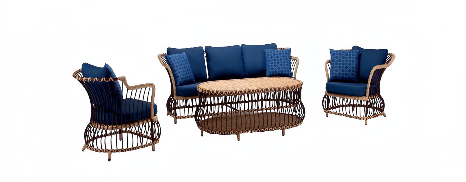 Gartenmöbel Sofa 3 Sitzer Couchtisch Blau Sessel Dreisitzer Rattan Luxus Modern