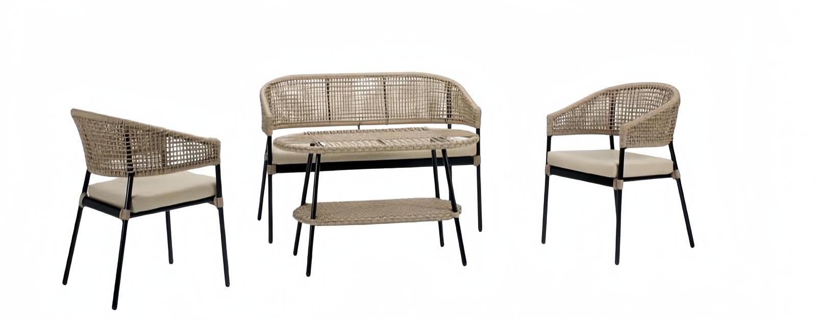 Sofagarnitur Sofa 2 Sitzer Luxuriöse Rattan Moderner 2x Sessel Couchtisch Beige