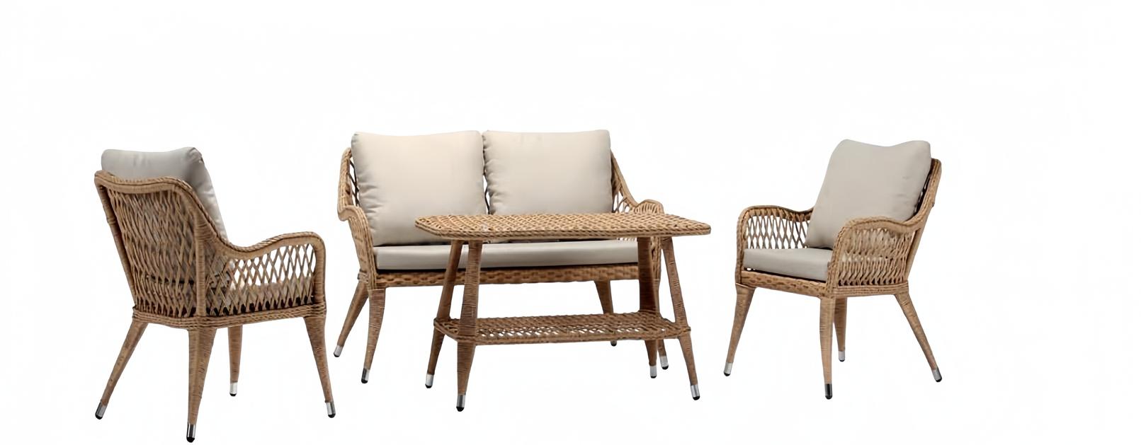 Sofagarnitur Sofa 2 Sitzer Luxuriöse Rattan Moderner 2x Sessel Couchtisch Braun