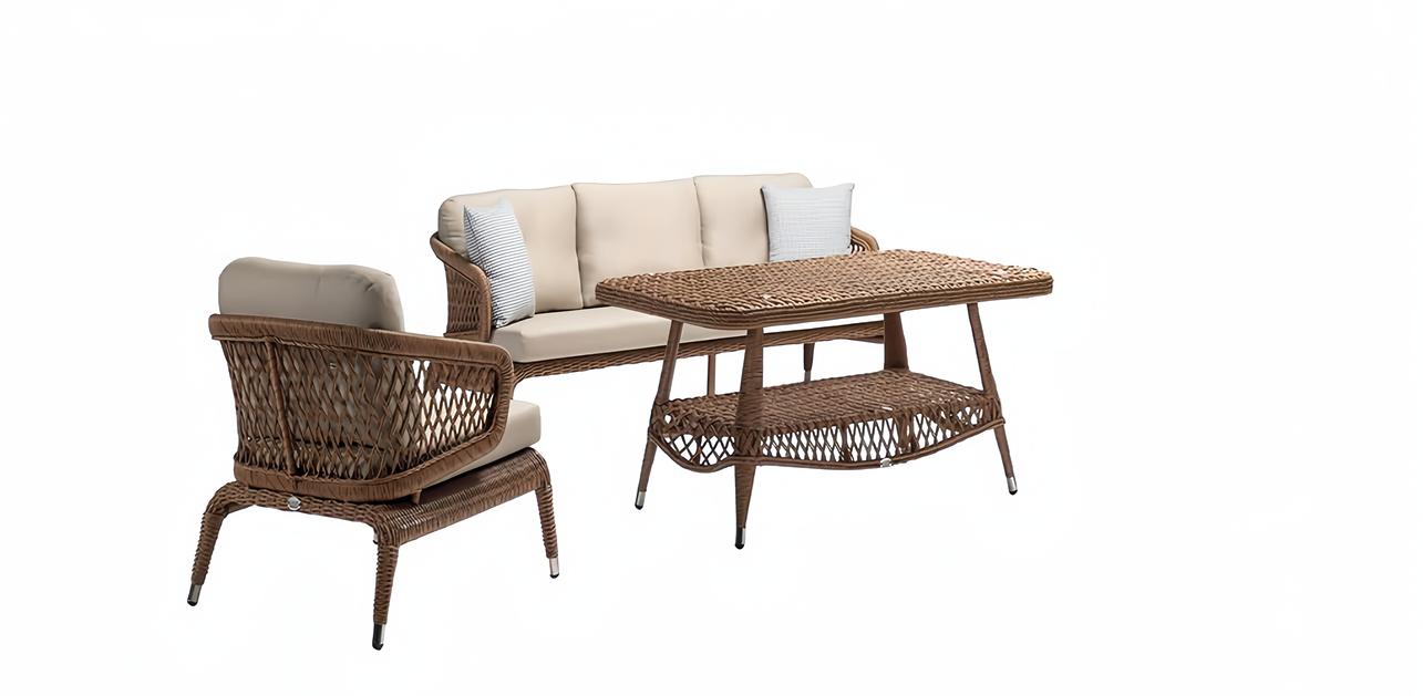 Robuste Garten Rattan Garnitur Couchtisch Gartenmöbel Braun Sessel Sofa 3 Sitzer