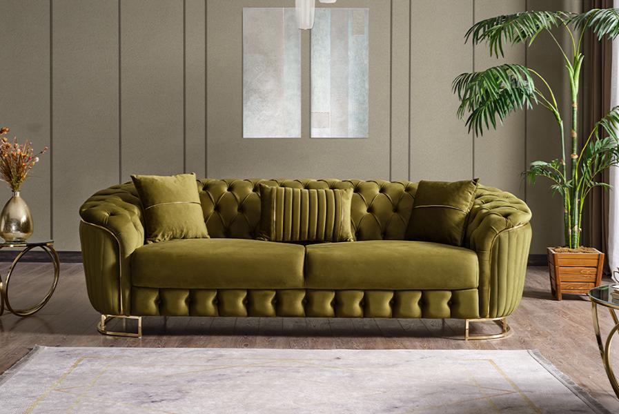 Design Wohnzimmer Luxus Sofa 3 Sitzer Chesterfield Sofa Grün Textil Hochwertig