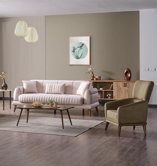 Wohnzimmer Sofagarnitur Sessel Luxus Couch Set Sofa 3 Sitzer Beige Sessel