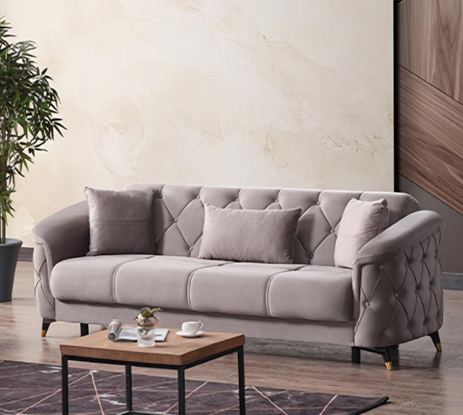 Design Wohnzimmer Luxus Sofa 3 Sitzer Chesterfield Sofa Beige Textil Modern