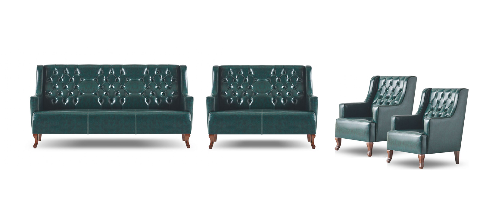 Sofa-Set Chesterfield Grün Klassisch Leder 3-Sitzer Sessel 2-Sitzer Holz