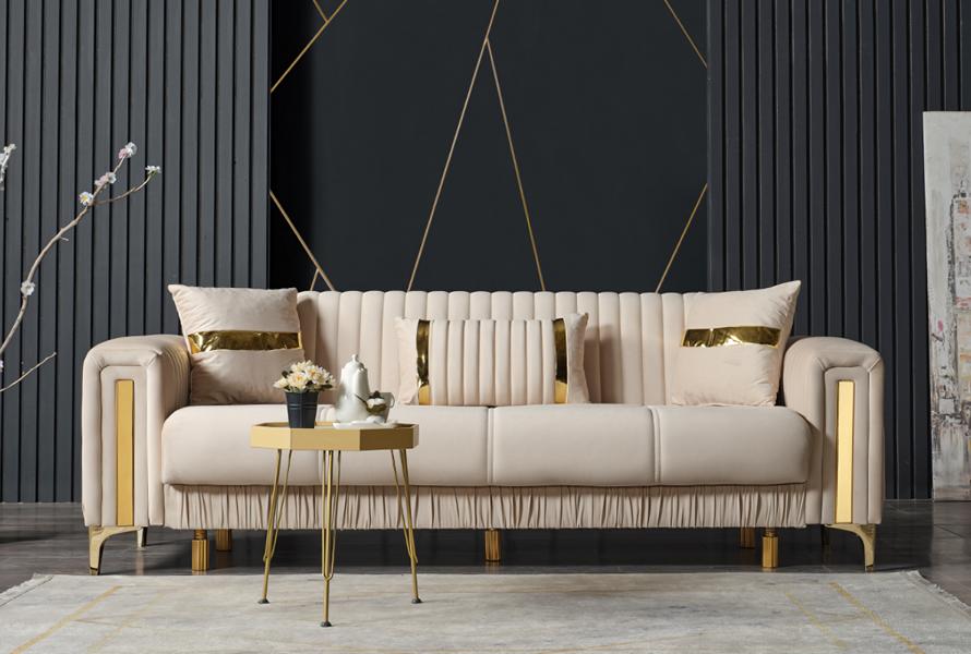 Design Wohnzimmer Luxus Möbel Sofa 3 Sitzer Sofa Beige Textil Hochwertig