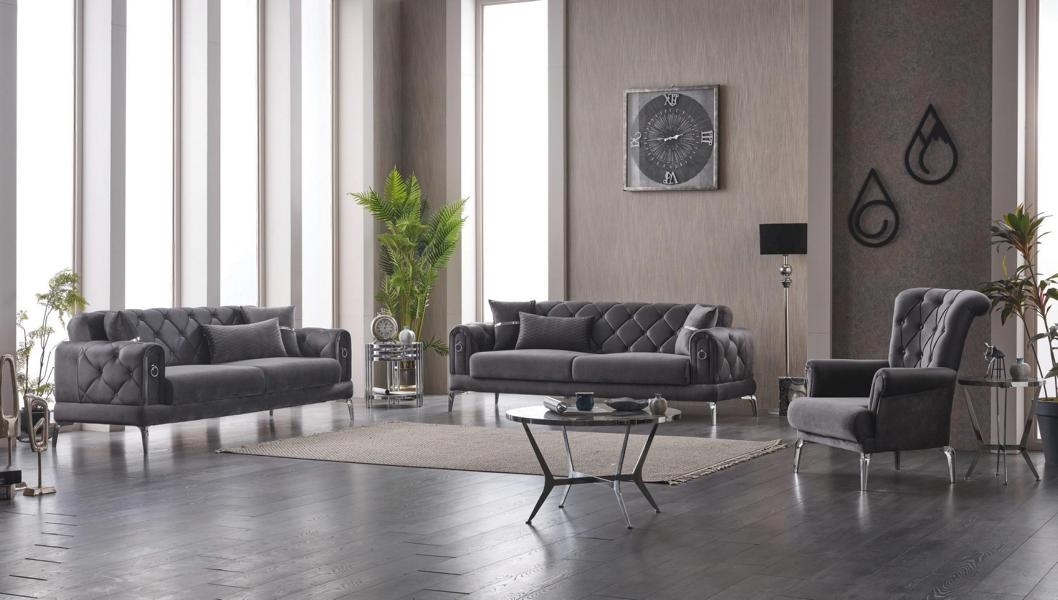 Sofagarnitur Dreisitzer Sofa 3 Sitz Stoff Polstersofa Grau Sessel 3tlg
