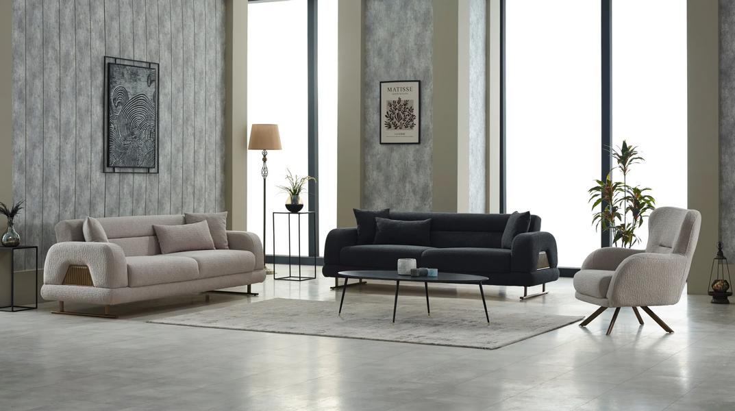 Komplette Couchgarnitur Polstersofa Sofa Stoff Sessel 3tlg Beige Luxus