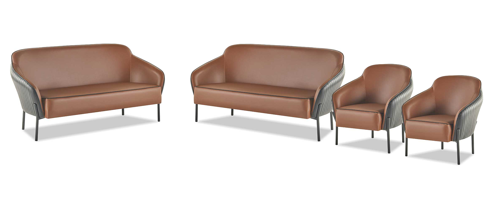 Sofa-Set Braun Schwarz Sofagarnitur 2-Sitzer Sessel Leder Edelstahl Holz