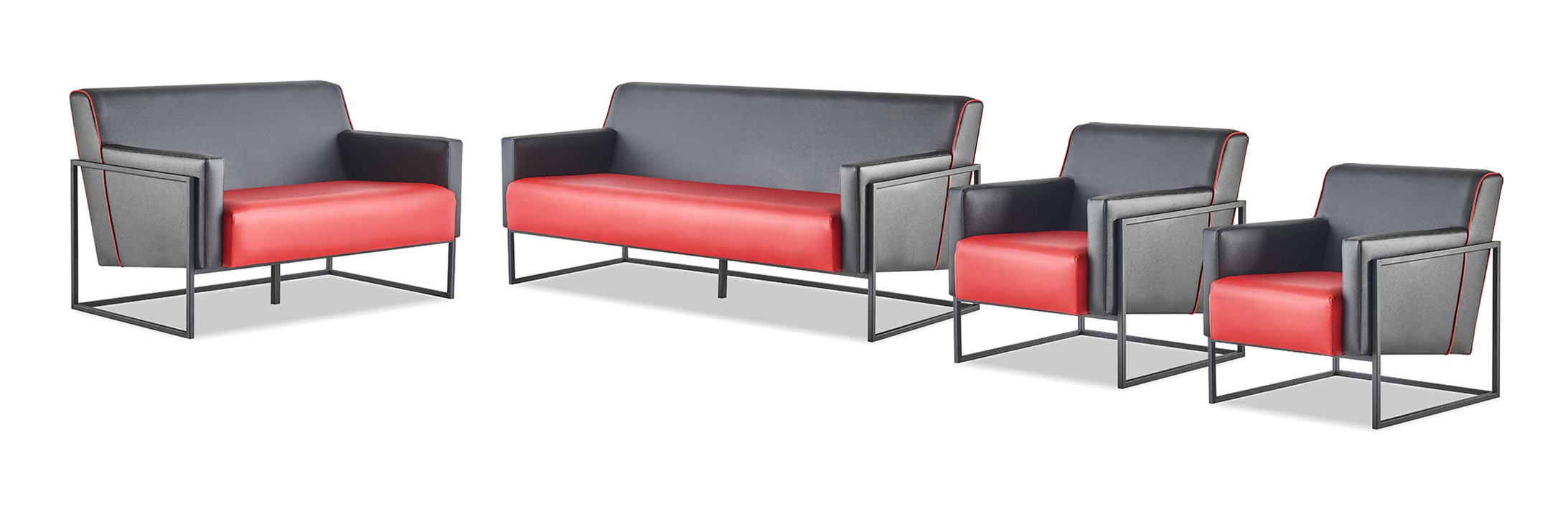 Komplett-Set 3-Sitzer Sessel Schwarz Rot Sofa-Set Leder Edelstahl Holz