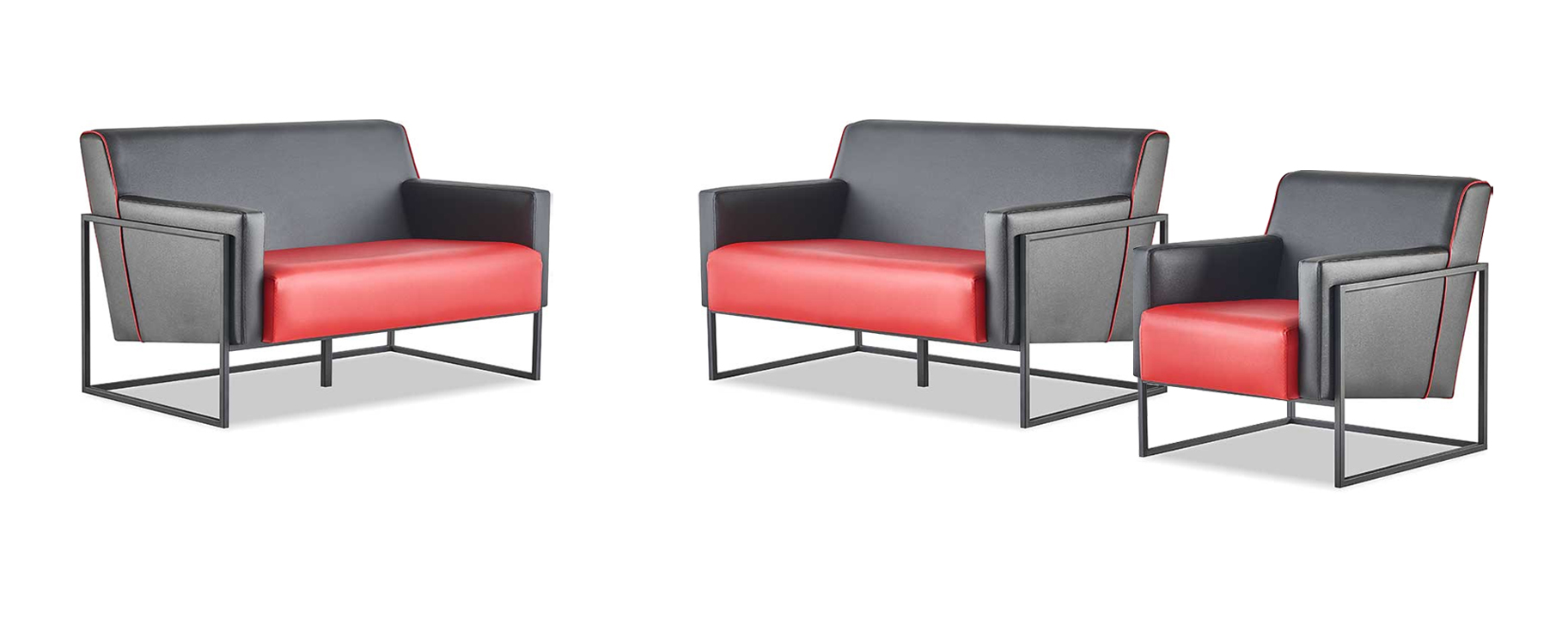 Sofas Leder Set 2-Sitzer Sessel Schwarz Rot Couch 1-Sitzer Ledersofas