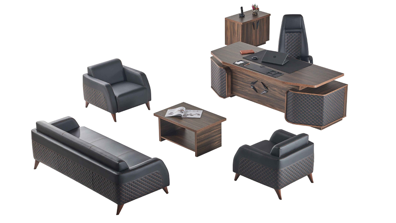 Modern Komplett Arbeitszimmer-Set Schreibtisch Sofas Braun Schwarz Leder